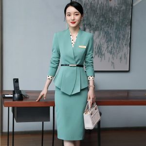 Women Formal 2 Piece Set Green Black Apricot Elegant Ladies Blazer and Skirt Suit High Quality Slim Business Work Wear Clothes - Green Skirt Suit 1