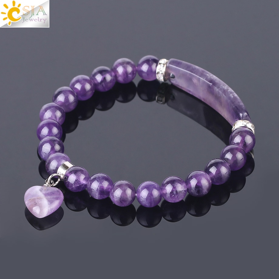 CSJA Purple Crystal Quartz Amethysts Bracelets Natural Round Beads Bangle Women's Hand Bracelet for Anxiety Real Gem Stone F561 2