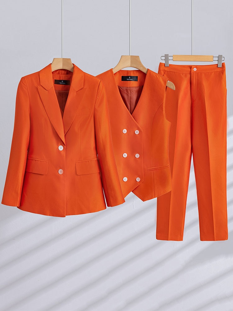 Women Formal 3 Pieces Set Navy Pink Orange Office Ladies Long Sleeve For Business Work Career Wear Blazer Vest and Pant Suit – Orange 3 Pieces Set 2