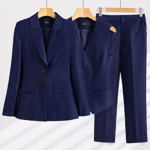 Women Formal 3 Pieces Set Navy Pink Orange Office Ladies Long Sleeve For Business Work Career Wear Blazer Vest and Pant Suit – Navy 3 Pieces Set 1